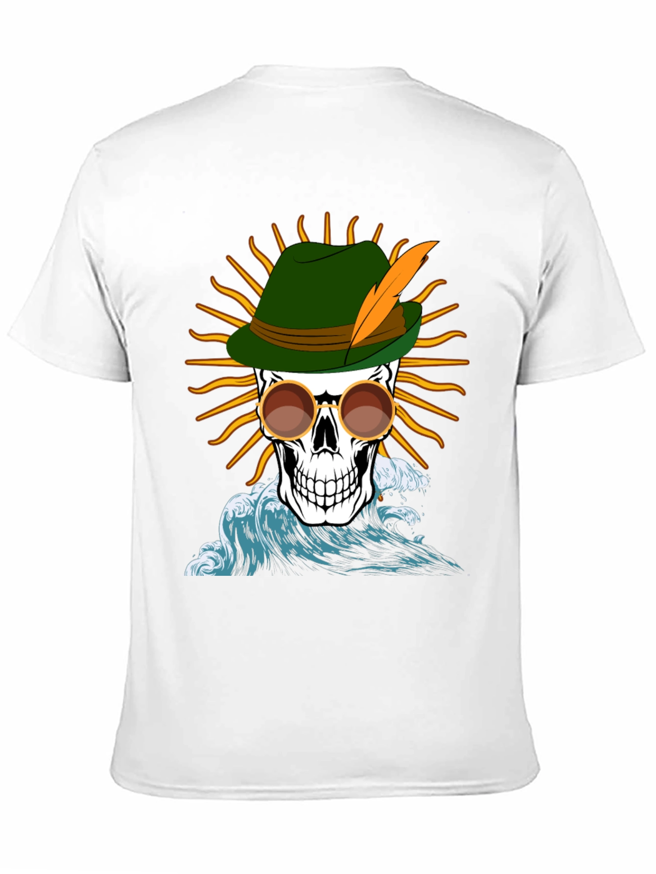 Skull T-Shirt: Bavarian Hat Sun & Waves Graphic Tee