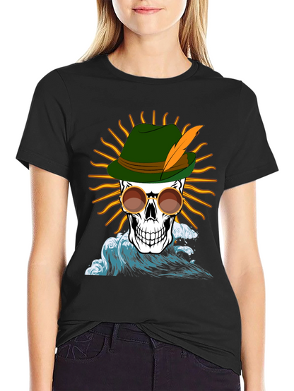Skull T-Shirt: Bavarian Hat Sun & Waves Graphic Tee
