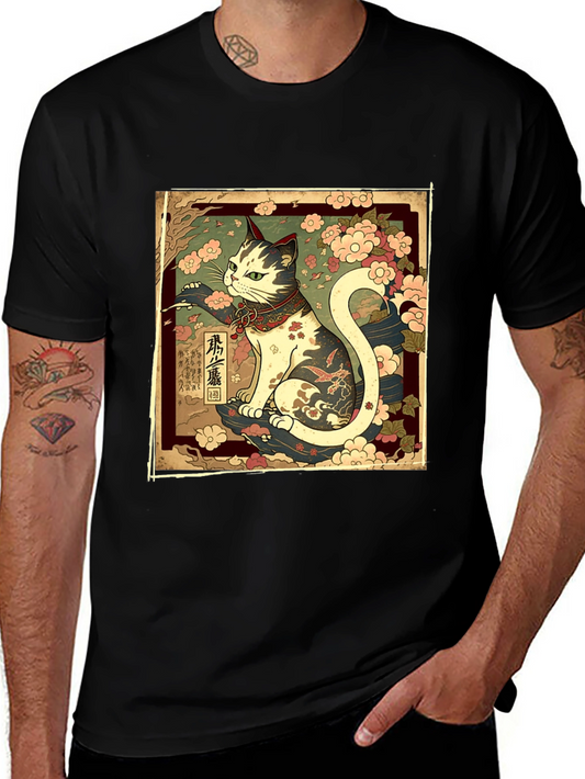 Japanese Cat Graphic Tee - Stylish Black T-Shirt