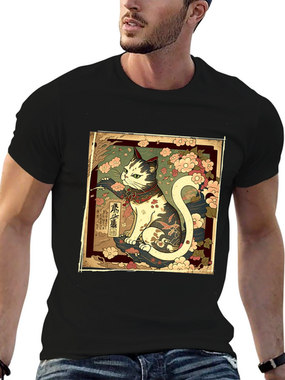 Japanese Cat Graphic Tee - Stylish Black T-Shirt