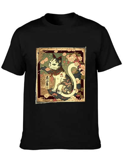 Japanese Cat Graphic Tee - Stylish Black T-Shirt