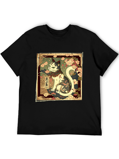 Japanese Cat Graphic Tee - Stylish Black T-Shirt
