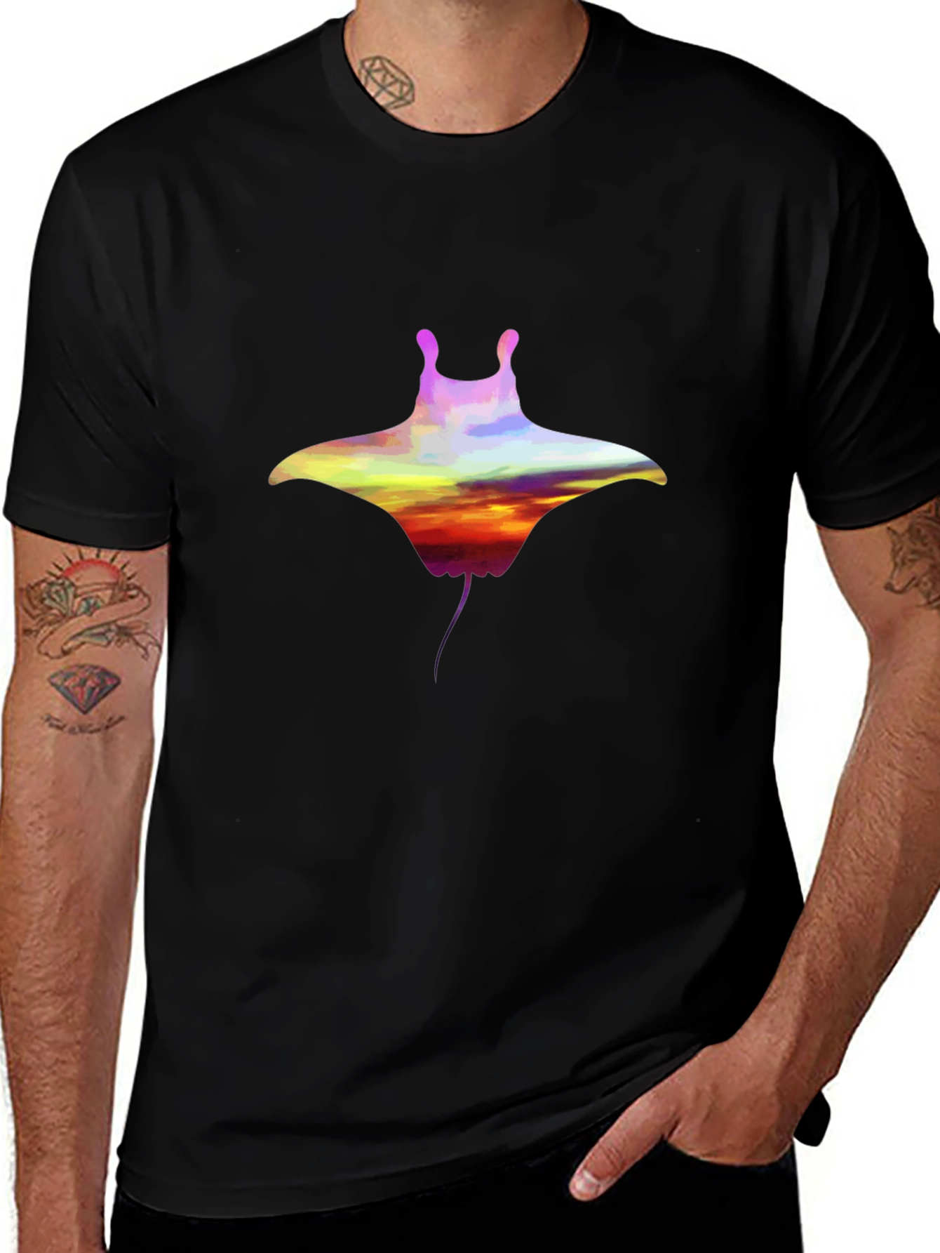 Sunset Manta Ray Graphic Black T-Shirt