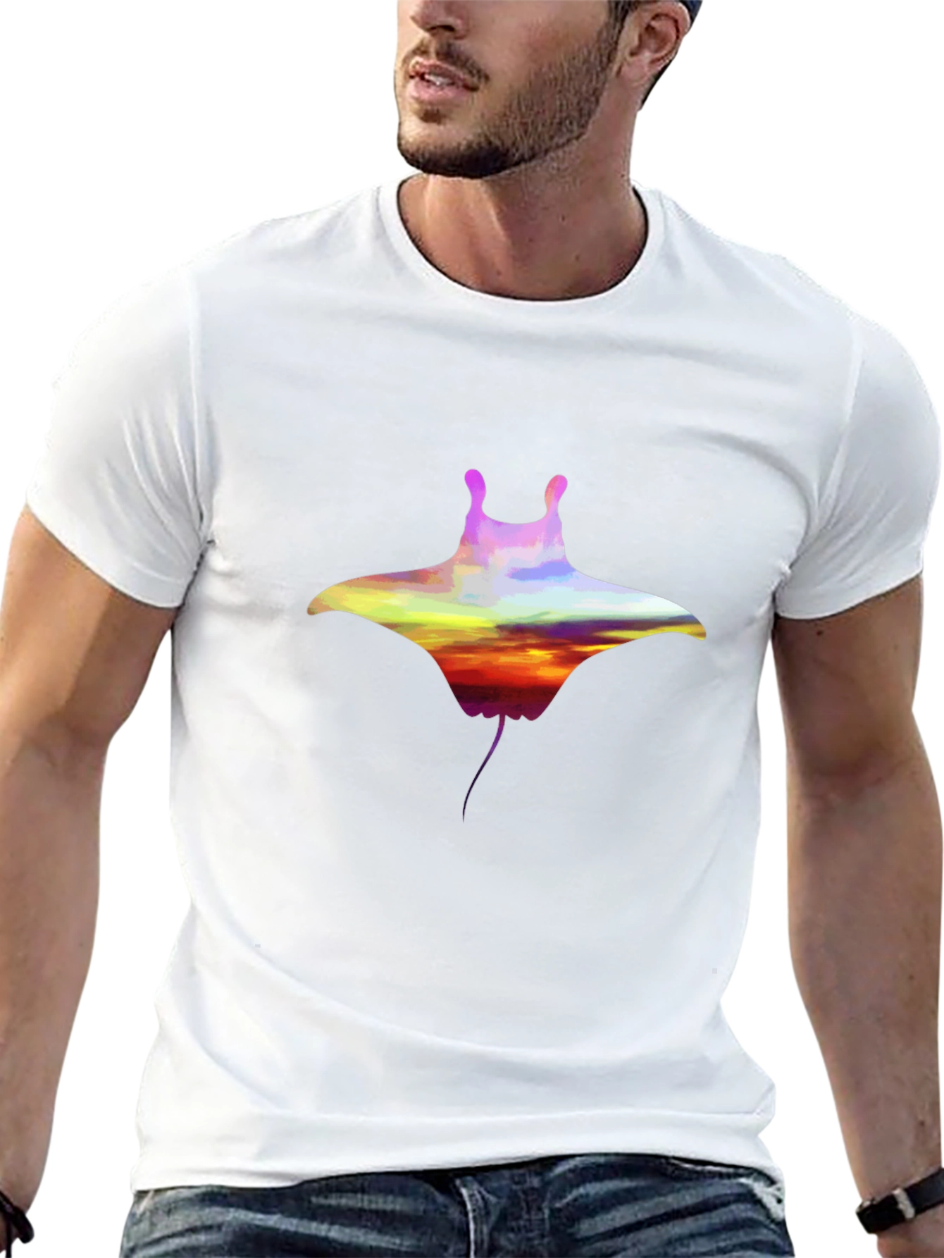 Sunset Manta Ray Graphic Black T-Shirt