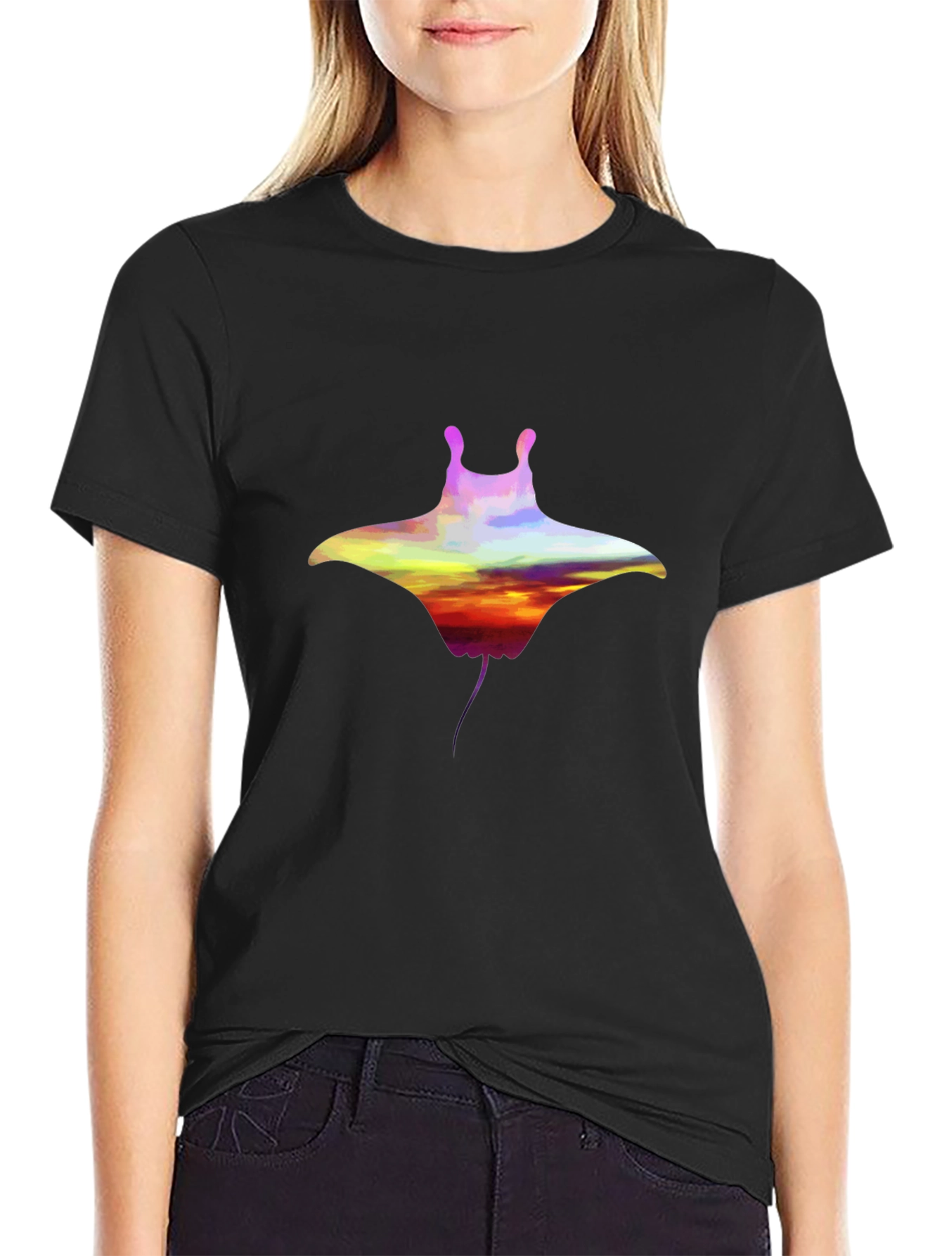 Sunset Manta Ray Graphic Black T-Shirt