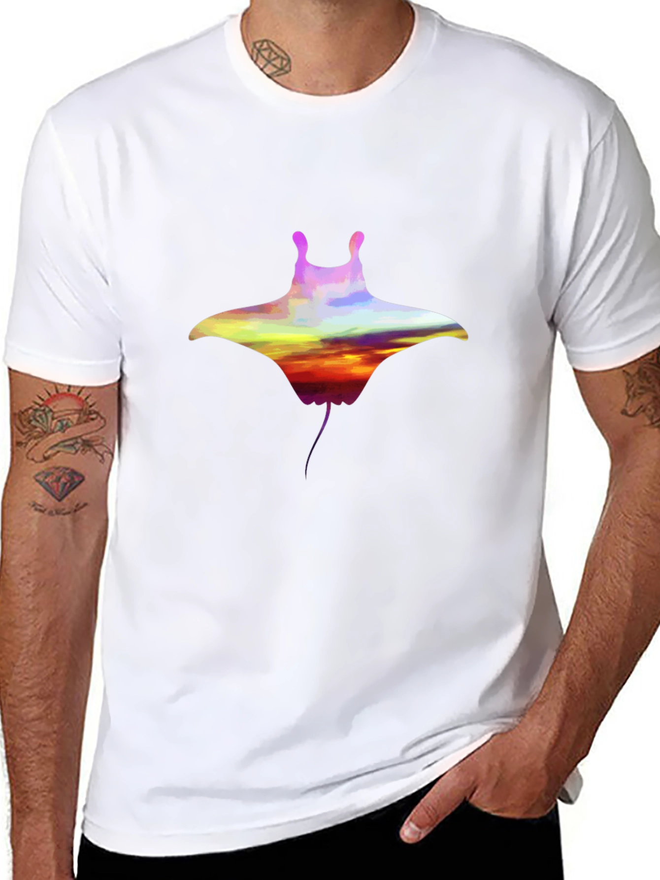 Sunset Manta Ray Graphic Black T-Shirt
