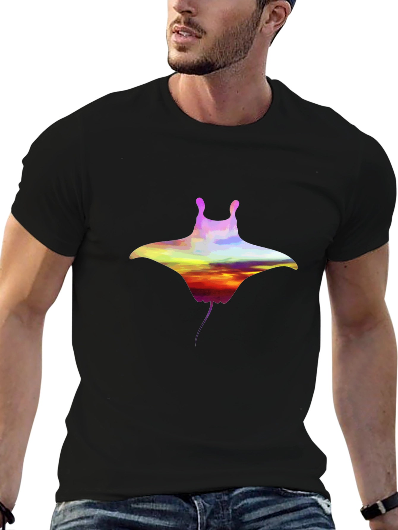 Sunset Manta Ray Graphic Black T-Shirt