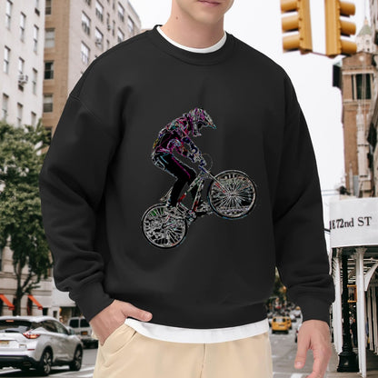 Crewneck Sweatshirt with BMX Stunt Graphic - Oversized Casual Long-Sleeve Pullover, Bold Extreme Sports Statement Top for Men