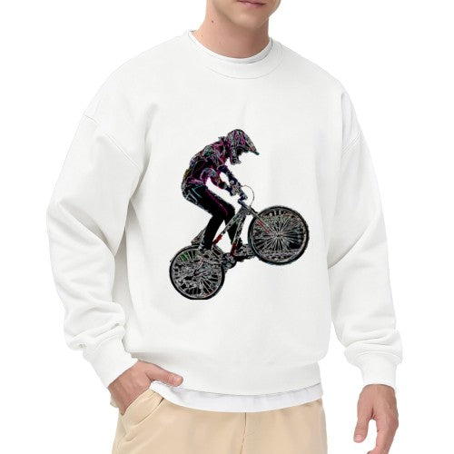 Crewneck Sweatshirt with BMX Stunt Graphic - Oversized Casual Long-Sleeve Pullover, Bold Extreme Sports Statement Top for Men