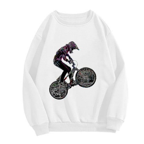 Crewneck Sweatshirt with BMX Stunt Graphic - Oversized Casual Long-Sleeve Pullover, Bold Extreme Sports Statement Top for Men