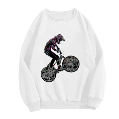 Crewneck Sweatshirt with BMX Stunt Graphic - Oversized Casual Long-Sleeve Pullover, Bold Extreme Sports Statement Top for Men