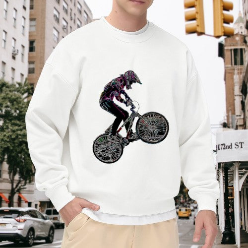 Crewneck Sweatshirt with BMX Stunt Graphic - Oversized Casual Long-Sleeve Pullover, Bold Extreme Sports Statement Top for Men