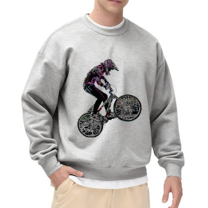 Crewneck Sweatshirt with BMX Stunt Graphic - Oversized Casual Long-Sleeve Pullover, Bold Extreme Sports Statement Top for Men