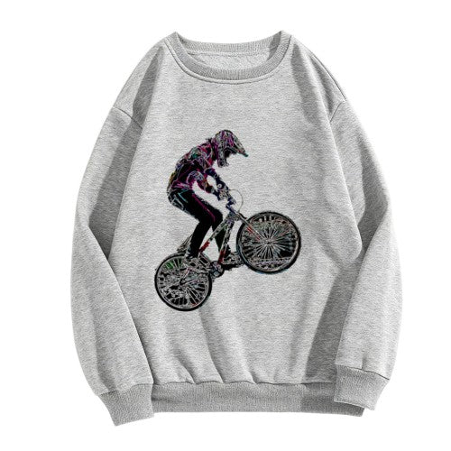 Crewneck Sweatshirt with BMX Stunt Graphic - Oversized Casual Long-Sleeve Pullover, Bold Extreme Sports Statement Top for Men
