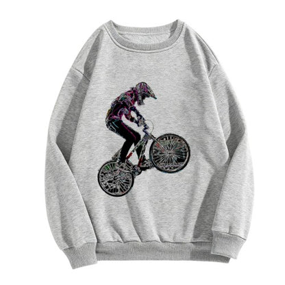 Crewneck Sweatshirt with BMX Stunt Graphic - Oversized Casual Long-Sleeve Pullover, Bold Extreme Sports Statement Top for Men