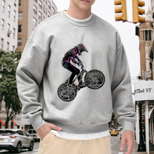 Crewneck Sweatshirt with BMX Stunt Graphic - Oversized Casual Long-Sleeve Pullover, Bold Extreme Sports Statement Top for Men