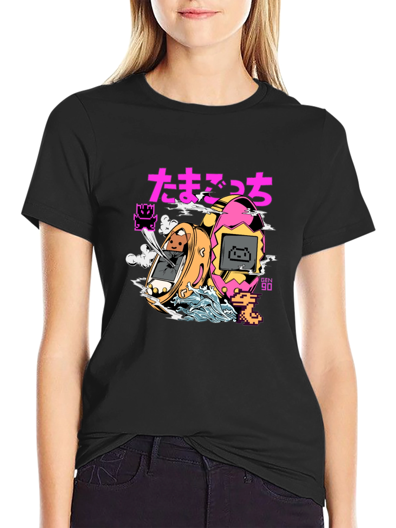 Retro Tamagotchi Graphic T-Shirt - Black