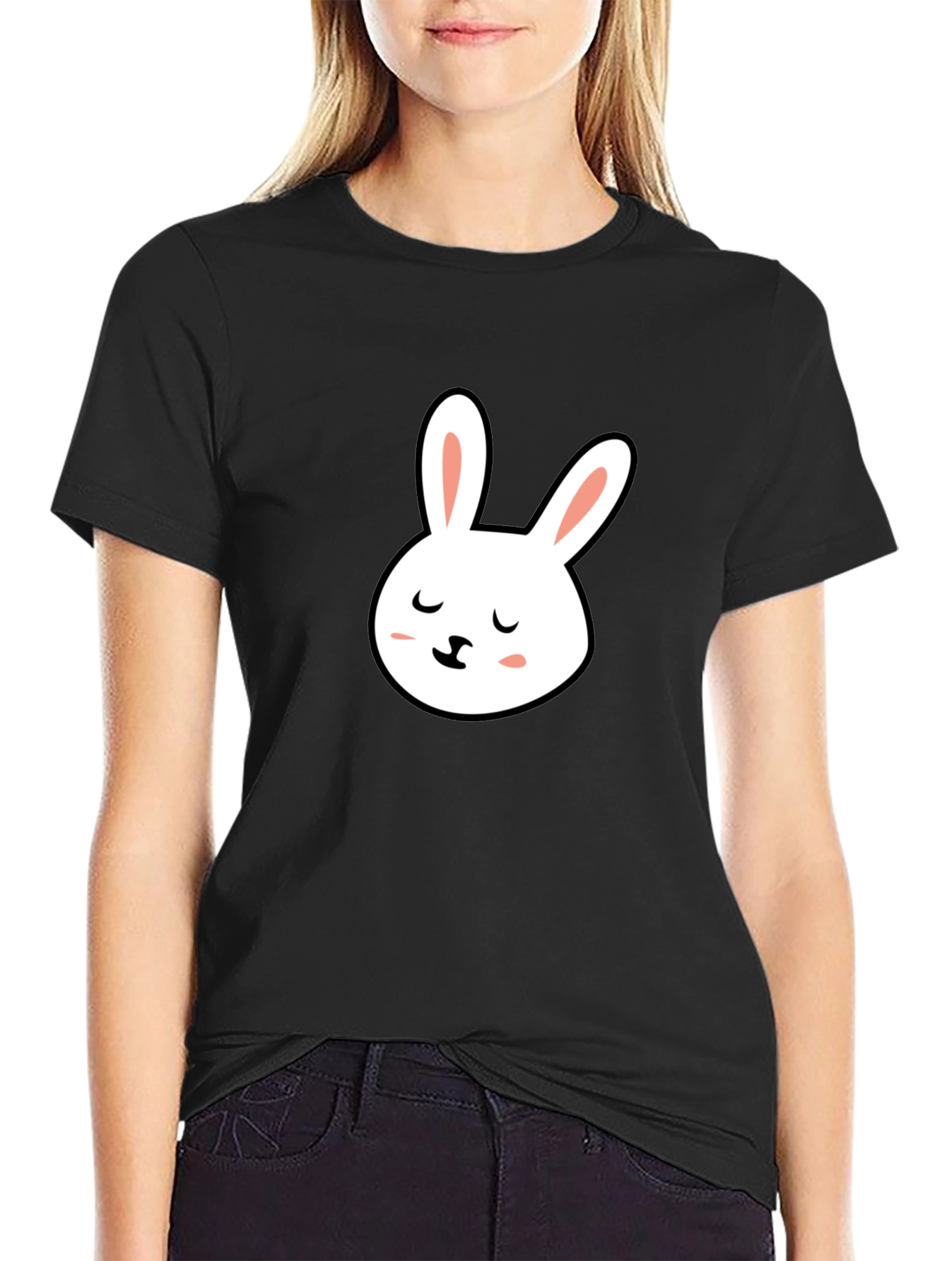 Cute Bunny Graphic Tee - Black Cotton T-Shirt