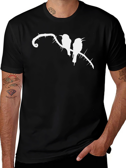 Black T-Shirt with Birds on Thorny Branch Graphic