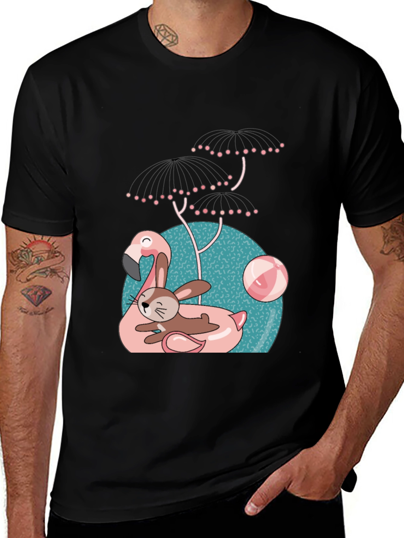 Fun Flamingo & Bunny Graphic T-Shirt