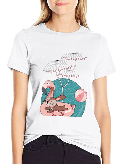 Fun Flamingo & Bunny Graphic T-Shirt