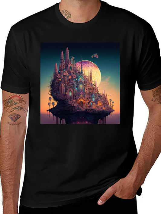 Fantasy Cityscape Graphic Tee - Unique & Stylish Black T-Shirt