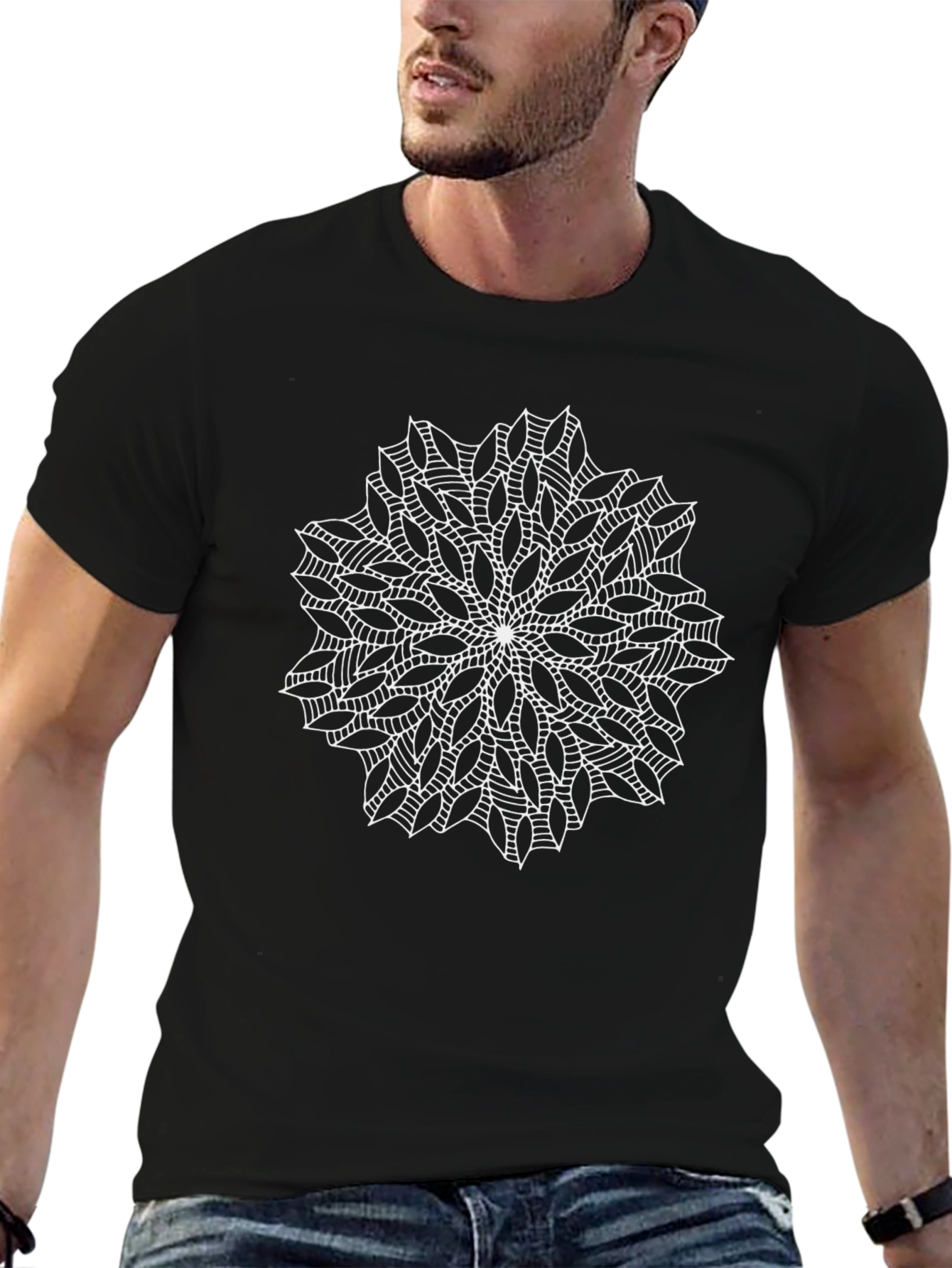 Black T-Shirt with White Mandala Design
