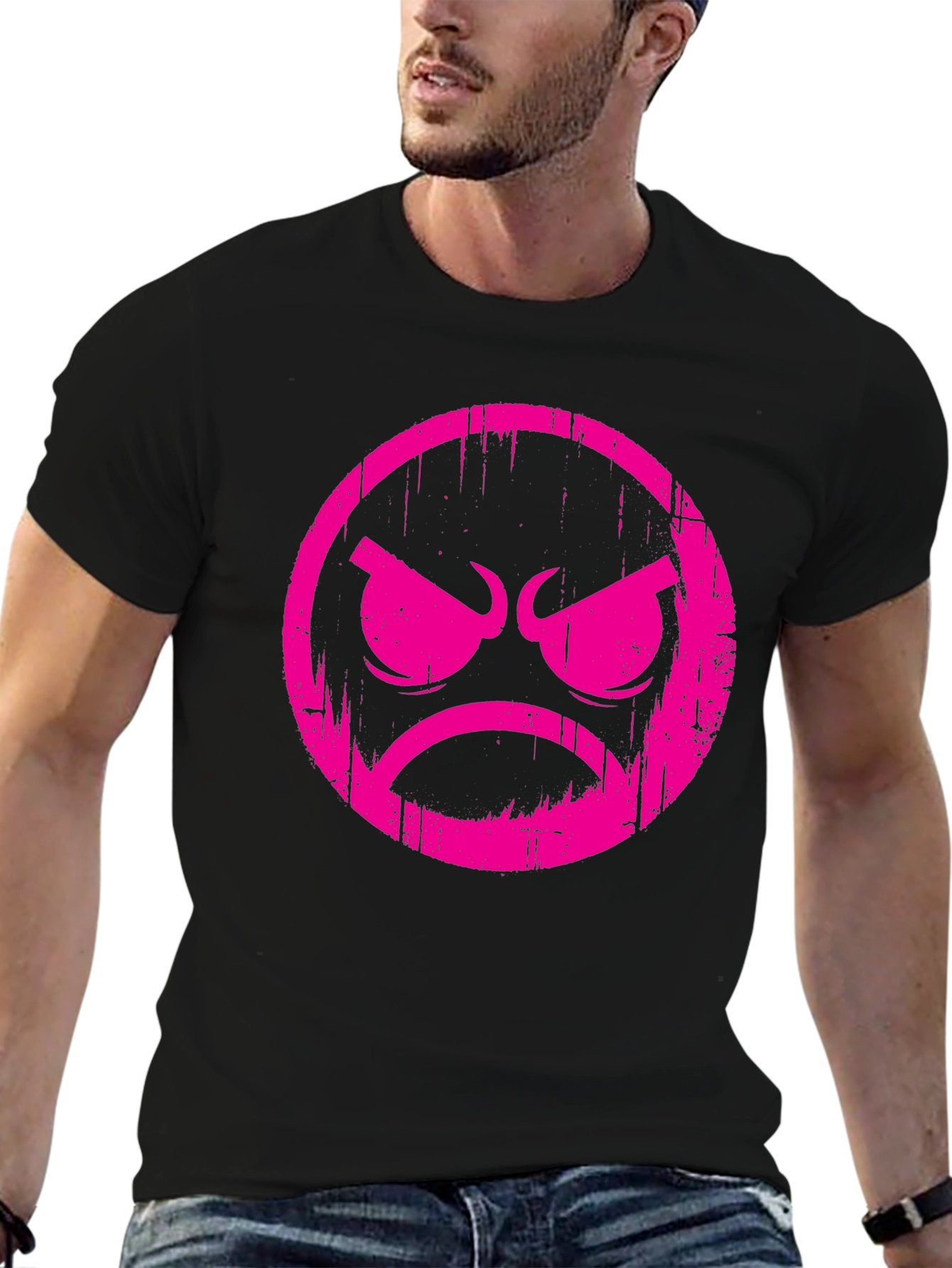 Grumpy Face Graphic T-Shirt - Black Cotton Tee