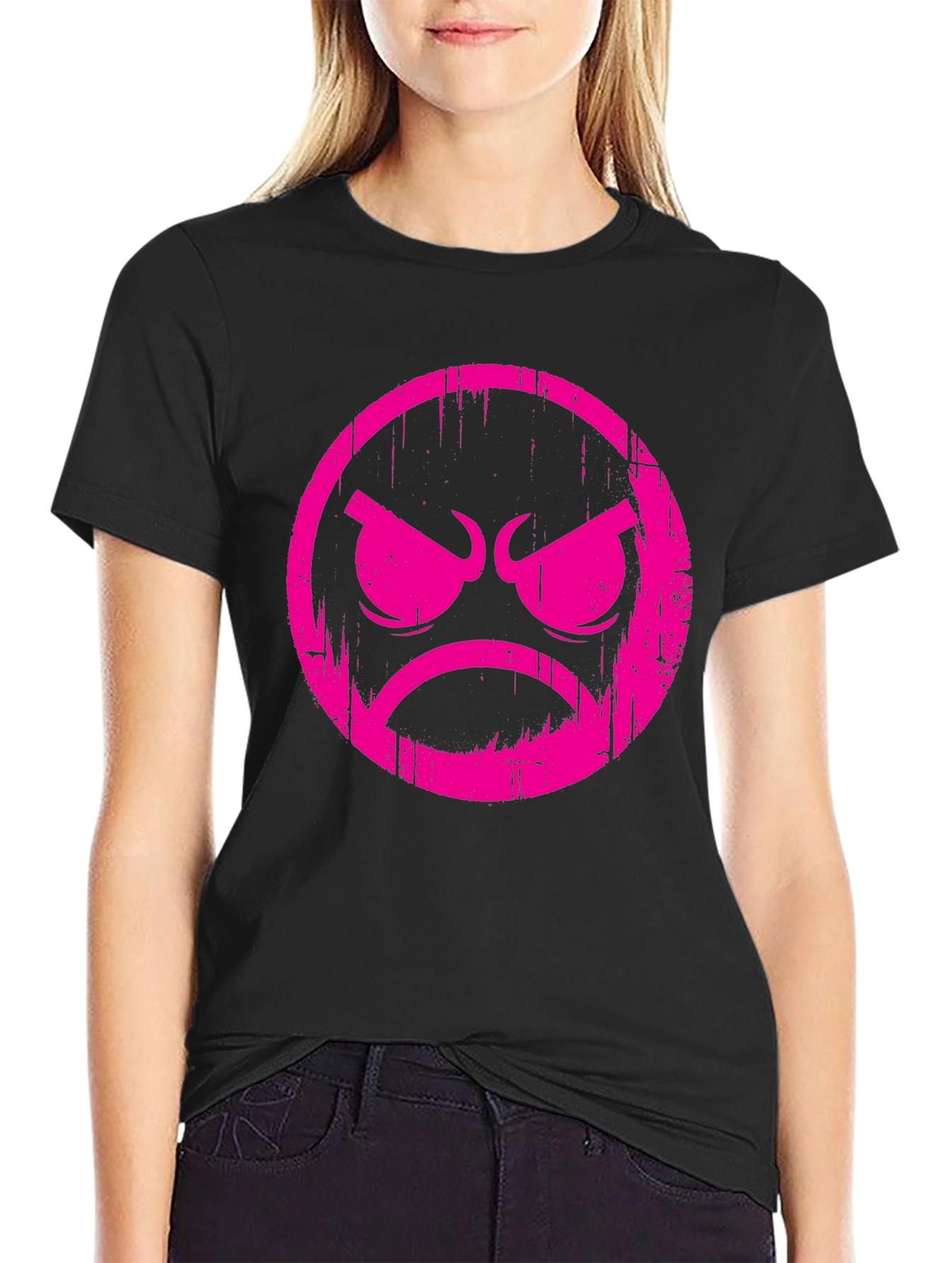 Grumpy Face Graphic T-Shirt - Black Cotton Tee