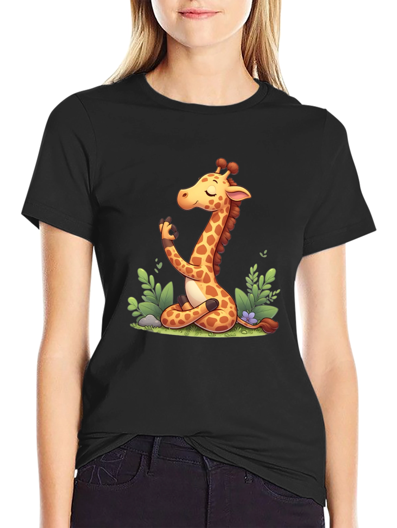 Meditating Giraffe Graphic Tee - Black