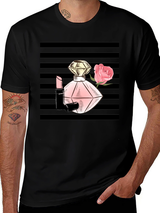 Stylish Black T-Shirt with Perfume & Rose Graphic
