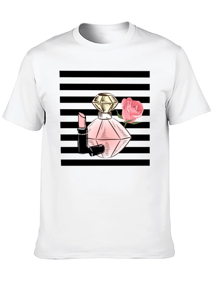 Stylish Black T-Shirt with Perfume & Rose Graphic