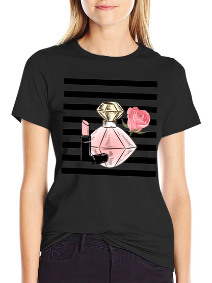 Stylish Black T-Shirt with Perfume & Rose Graphic