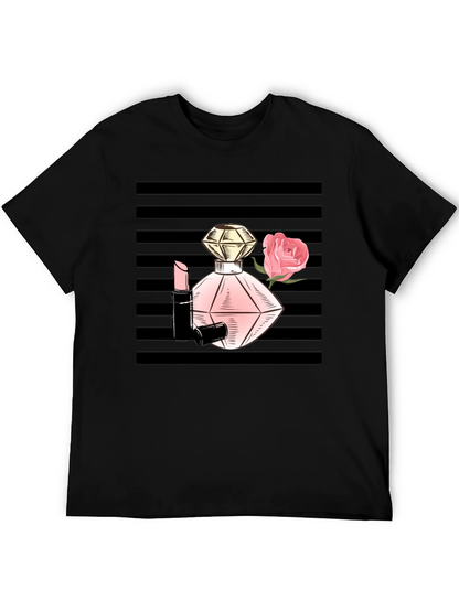 Stylish Black T-Shirt with Perfume & Rose Graphic