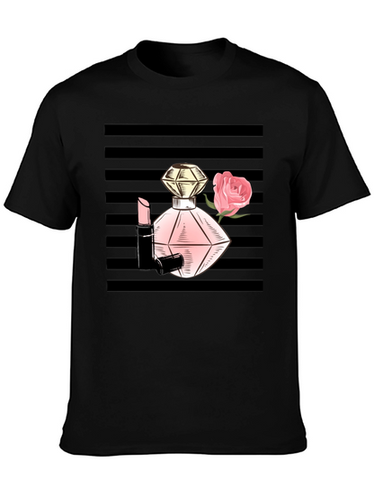 Stylish Black T-Shirt with Perfume & Rose Graphic