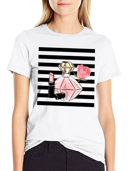 Stylish Black T-Shirt with Perfume & Rose Graphic
