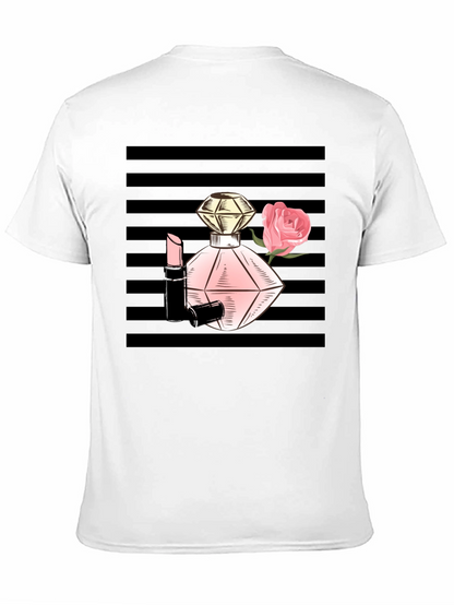 Stylish Black T-Shirt with Perfume & Rose Graphic