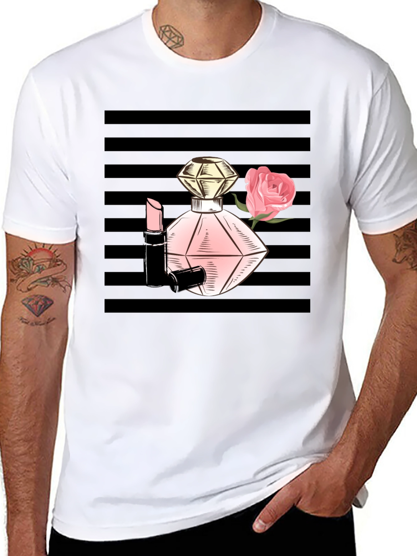 Stylish Black T-Shirt with Perfume & Rose Graphic