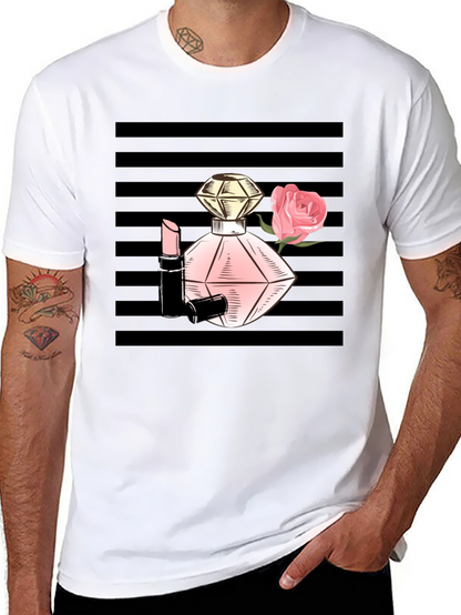 Stylish Black T-Shirt with Perfume & Rose Graphic