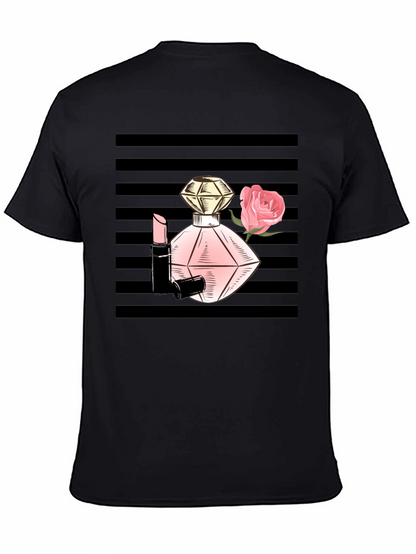 Stylish Black T-Shirt with Perfume & Rose Graphic