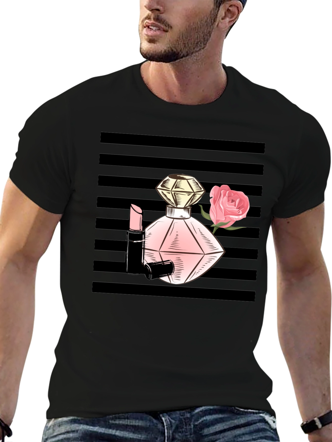 Stylish Black T-Shirt with Perfume & Rose Graphic