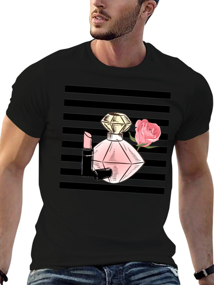 Stylish Black T-Shirt with Perfume & Rose Graphic