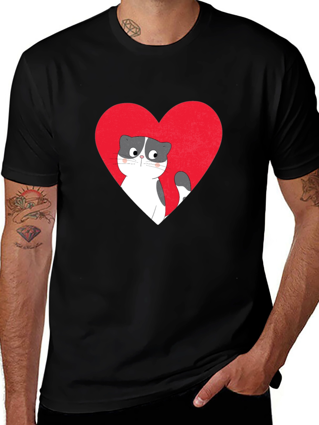 Heart Cat Graphic Tee - Black