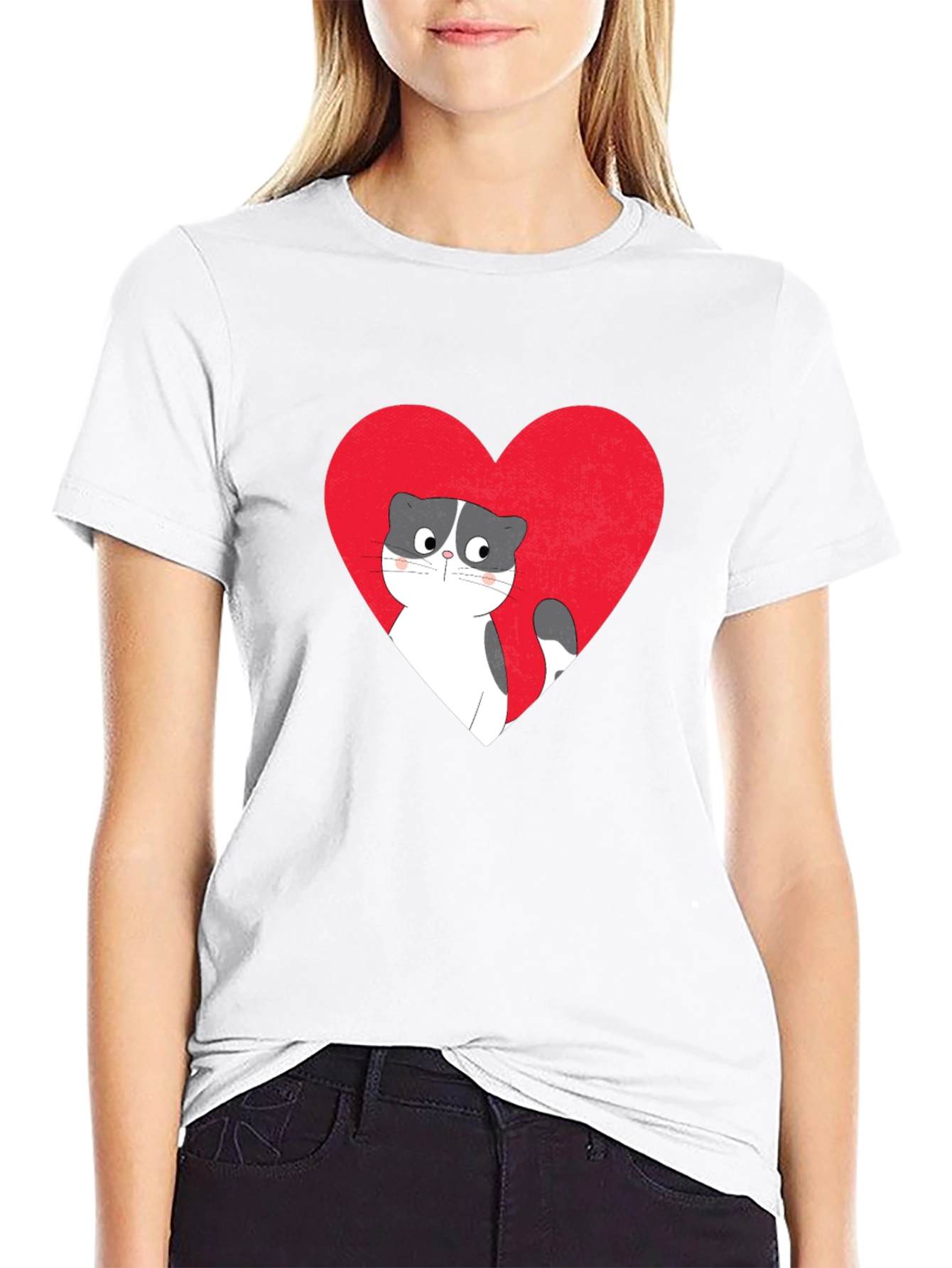 Heart Cat Graphic Tee - Black