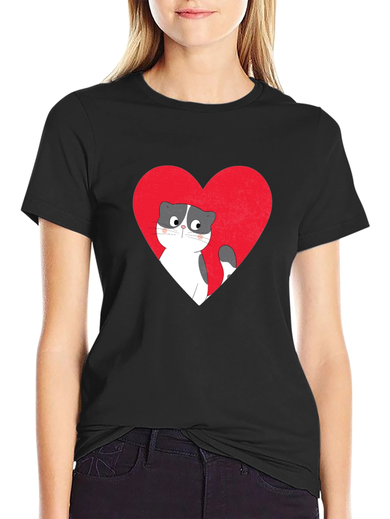 Heart Cat Graphic Tee - Black