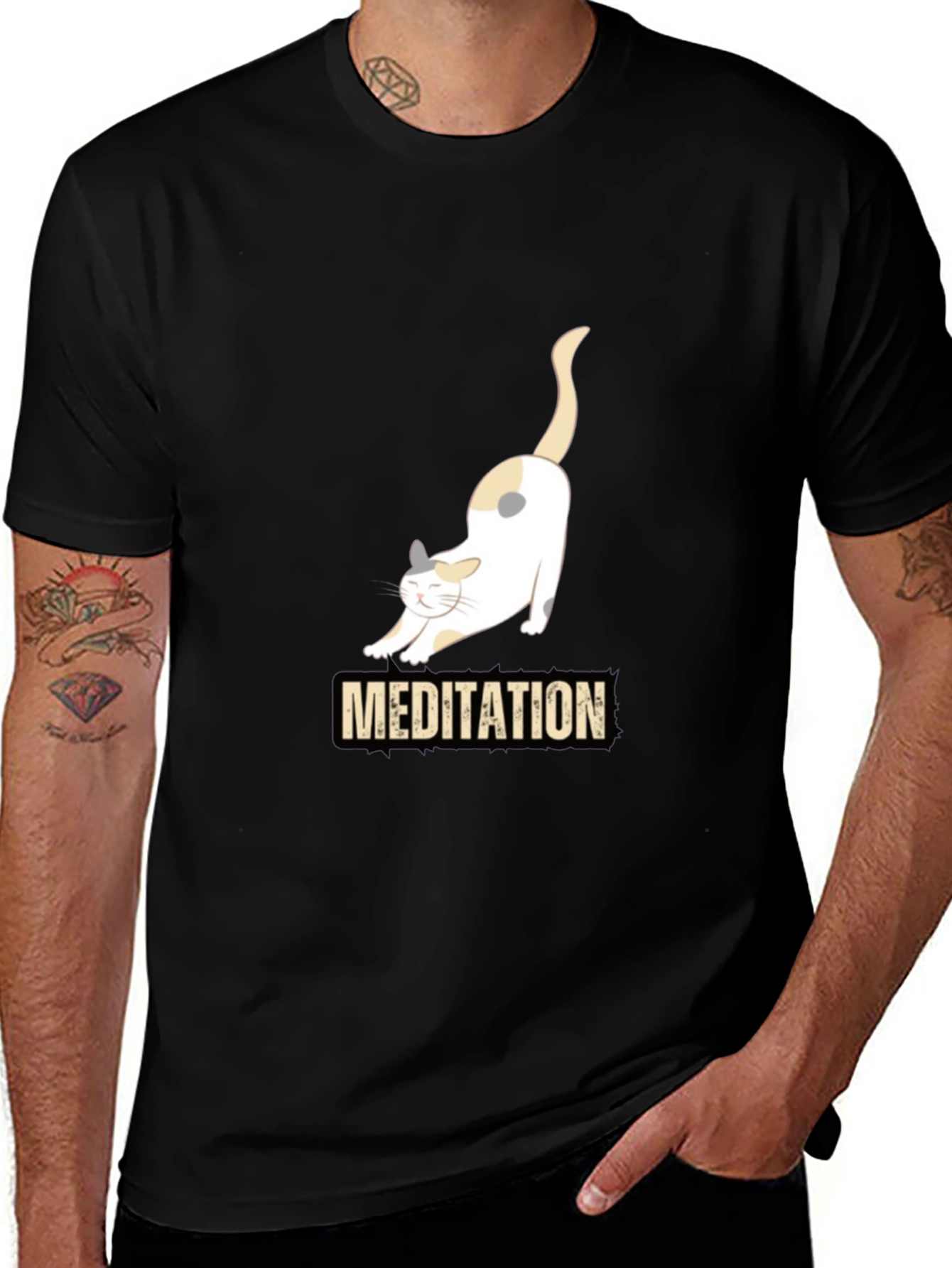Meditating Cat Graphic T-Shirt - Black