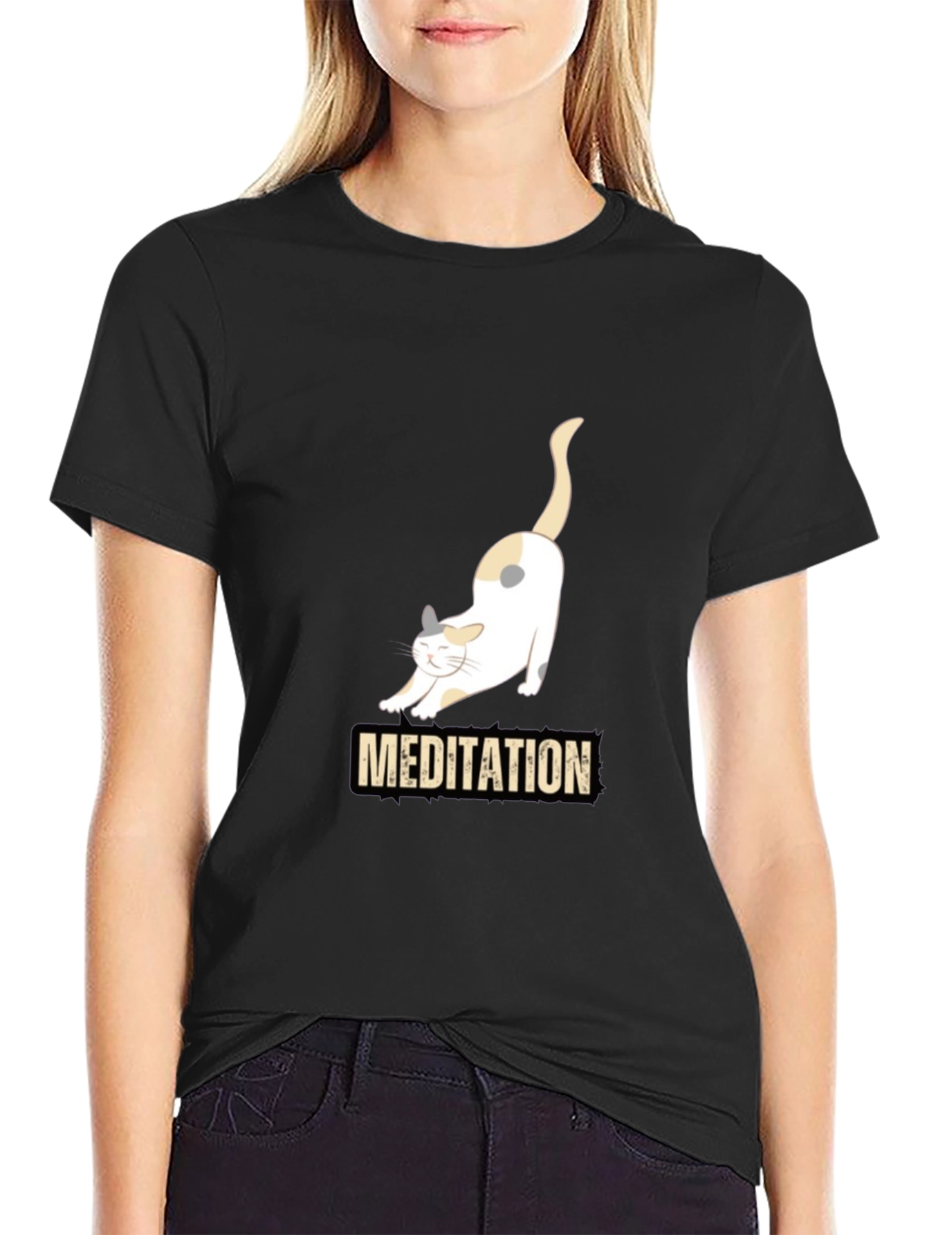 Meditating Cat Graphic T-Shirt - Black