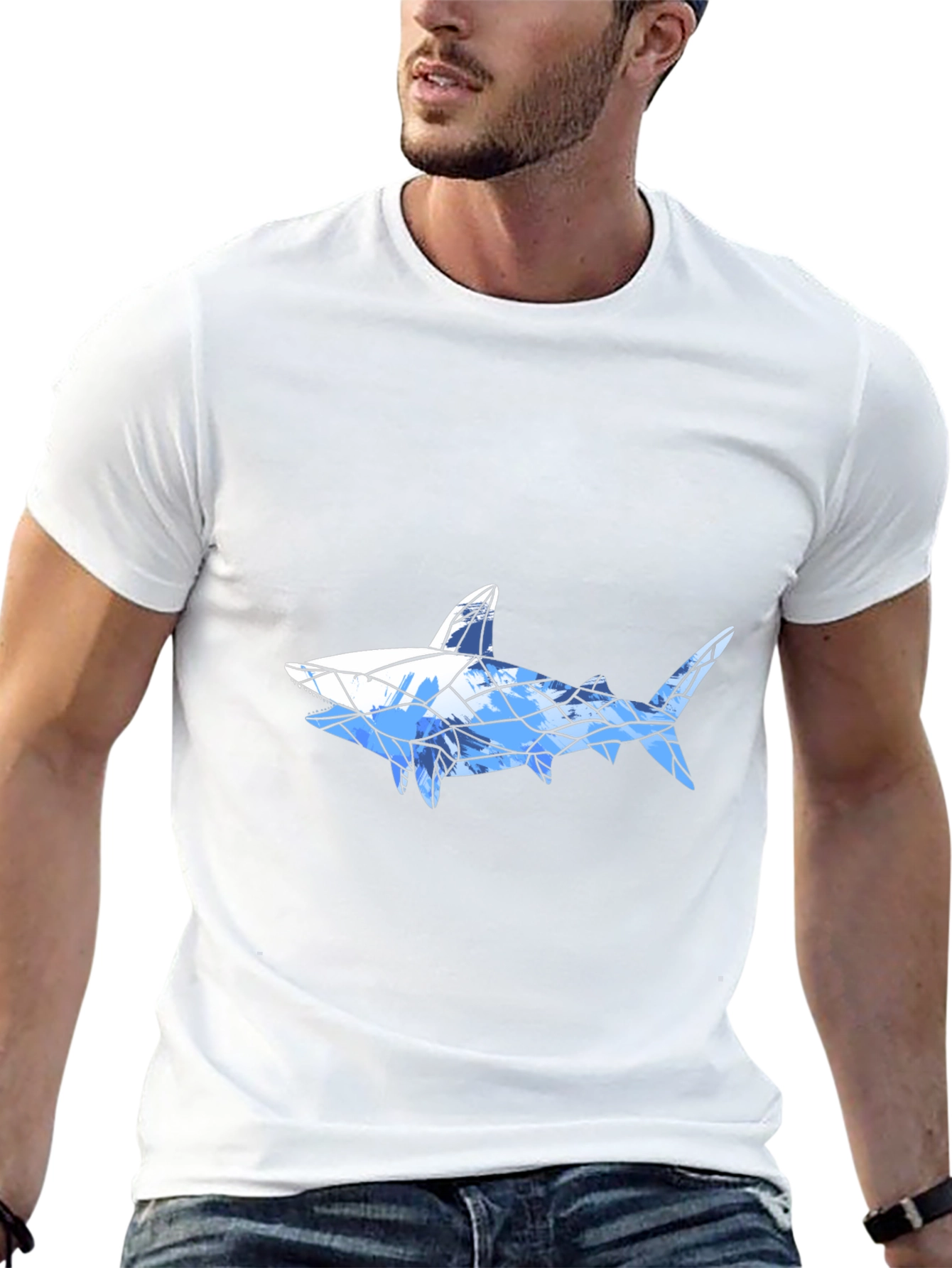 Geometric Shark Graphic Tee - Black Cotton Blend