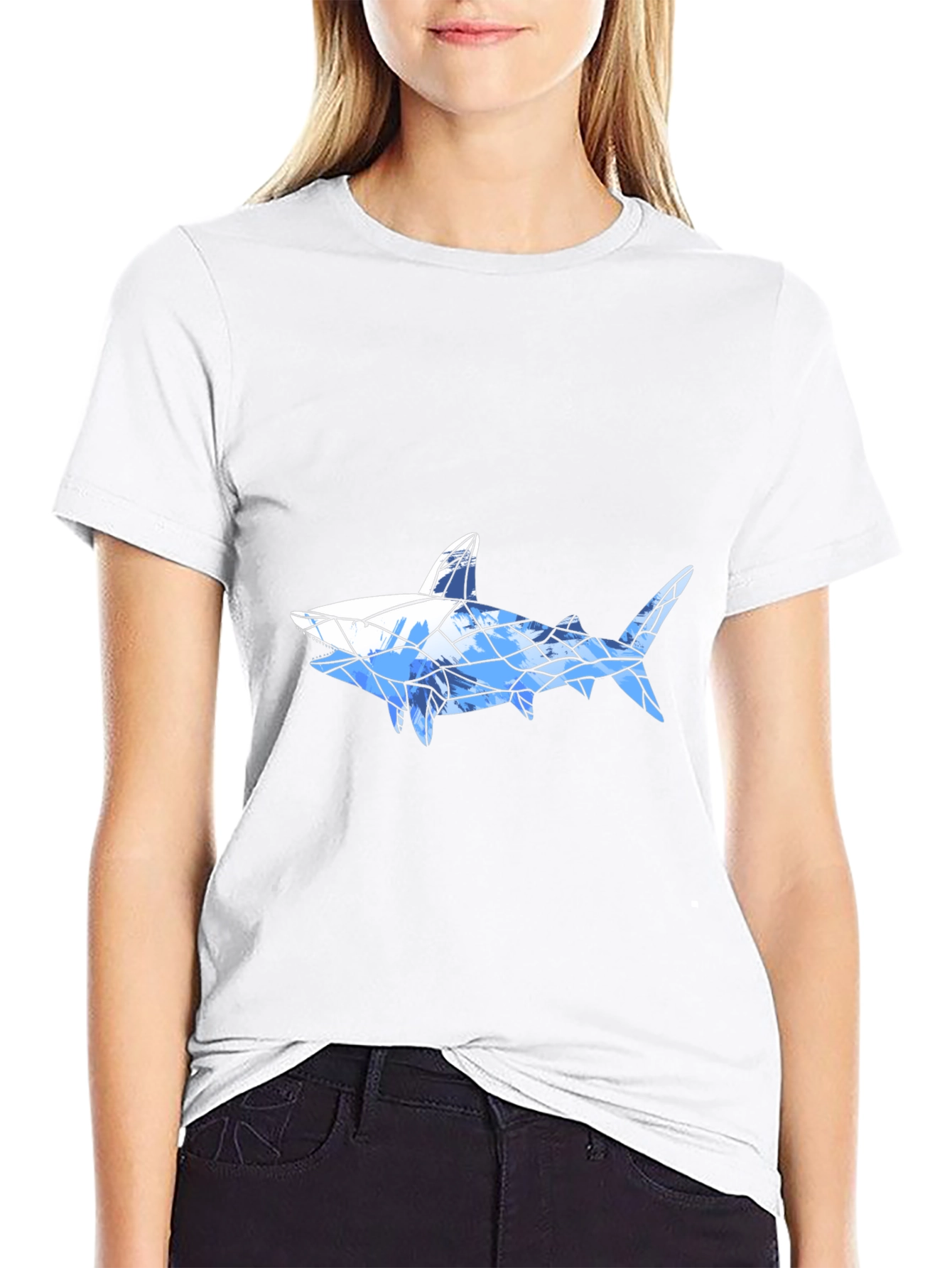 Geometric Shark Graphic Tee - Black Cotton Blend