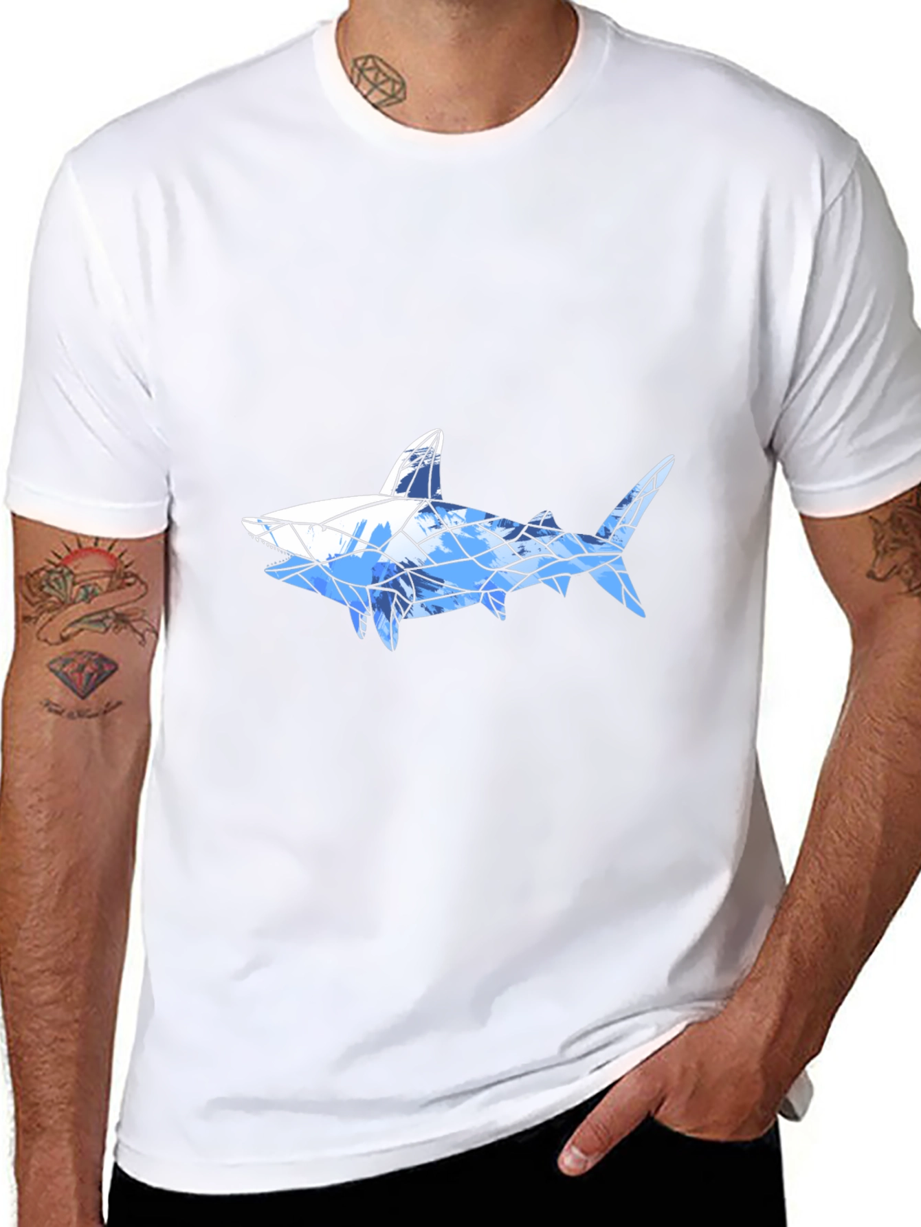 Geometric Shark Graphic Tee - Black Cotton Blend
